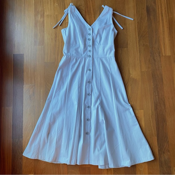Vintage Y2K Blue Pinstripe Fitted Bodice Button-Up Sleeveless Summer Dress - Picture 11 of 15